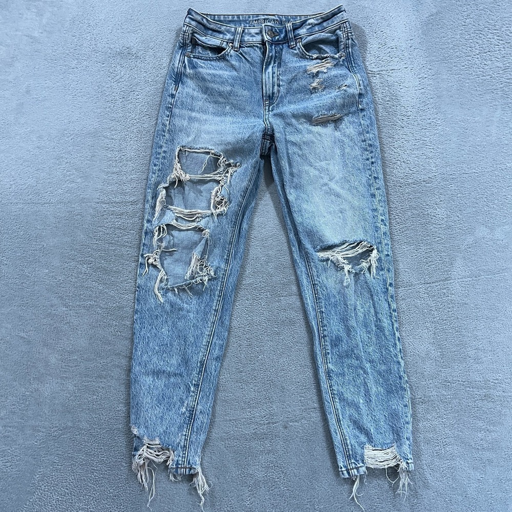 American Eagle Jeans Womens 4 Mom Raw Hem Destroyed Faded Grunge Y2K Cowgirl